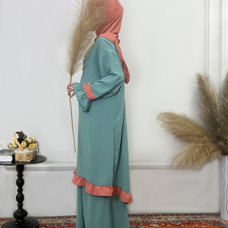 Women's Clothing Solid Color Ruffled Burkha Two Piece Set_voghion.com