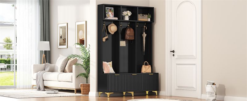 ON-TREND Modern Large Storage Hall Tree With Bench, Multi-functional Storage Bench With High Gloss Fluted Doors, Luxurious Coat Rack With 6 Gold Hooks And Legs For Entryway, Living Room, Black_voghion.com