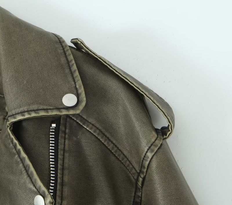 Giacca in similpelle vintage da donna – Cappotto oversize in PU con effetto slavato, stile biker streetwear con cerniera (grigio/verde militare/nero, S-L)_voghion.com
