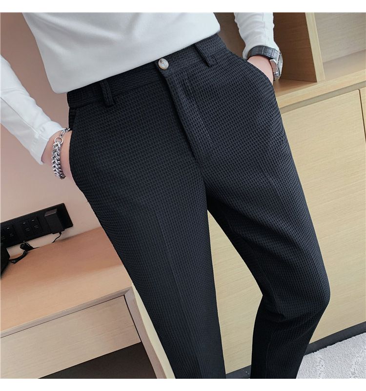 Men's Clothing Style Light Mature Men's Casual Waffle Trousers Waist Elastic Trousers Youth Skinny Trousers_voghion.com