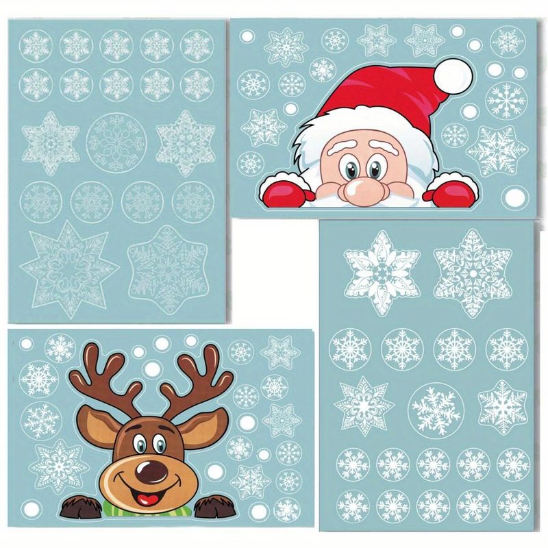 4 Sheets Christmas Window Clings Snowflake Snowman Moose Elk Pattern Window Decals Reusable Static Stickers For Christmas Holiday Birthday Home Decoration_voghion.com
