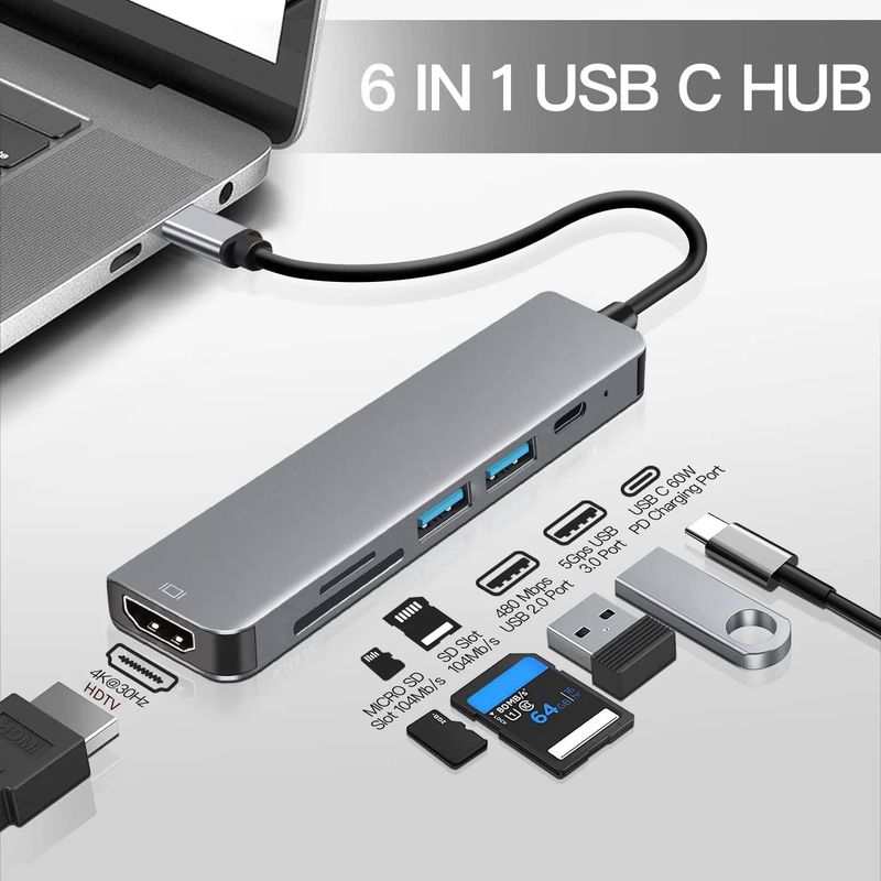 Hub a 6 porte per lettore di schede SD/TF compatibile con HDMI 4K HUB USB 3.0 2.0 Tipo C Docking di ricarica per libri, iPad, Samsung_voghion.com