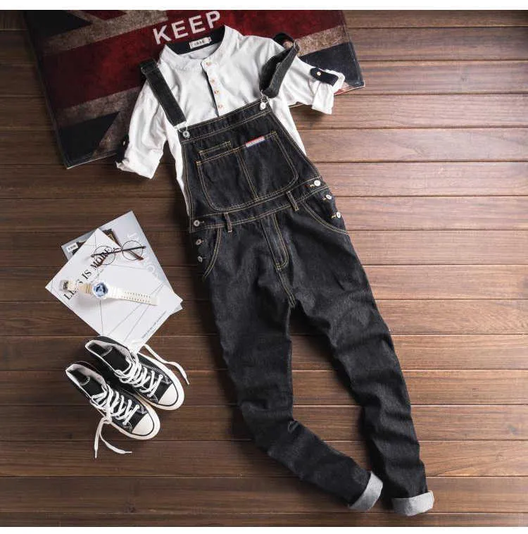 Sokotoo Herr slim patch ficka denim haklappsoverall Casual svarta hängslen jumpsuits Jeans T221102_voghion.com