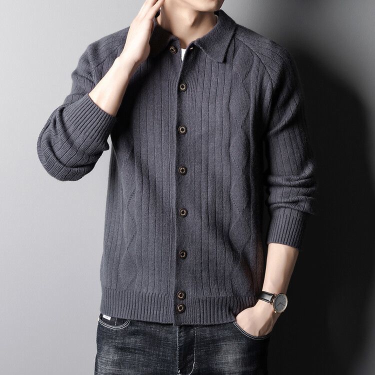 Thick knitted cardigan jacket autumn and winter jacquard casual fashion sweater, lapel top for men, trendy dad outfit_voghion.com