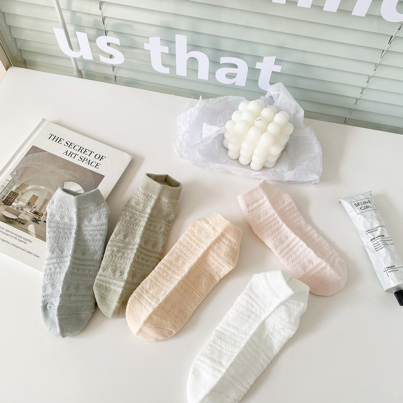 5 pcs flower spring and summer socks for women breathable mesh women's boat socks thin shallow mouth solid color cotton sweat-absorbent short socks_voghion.com
