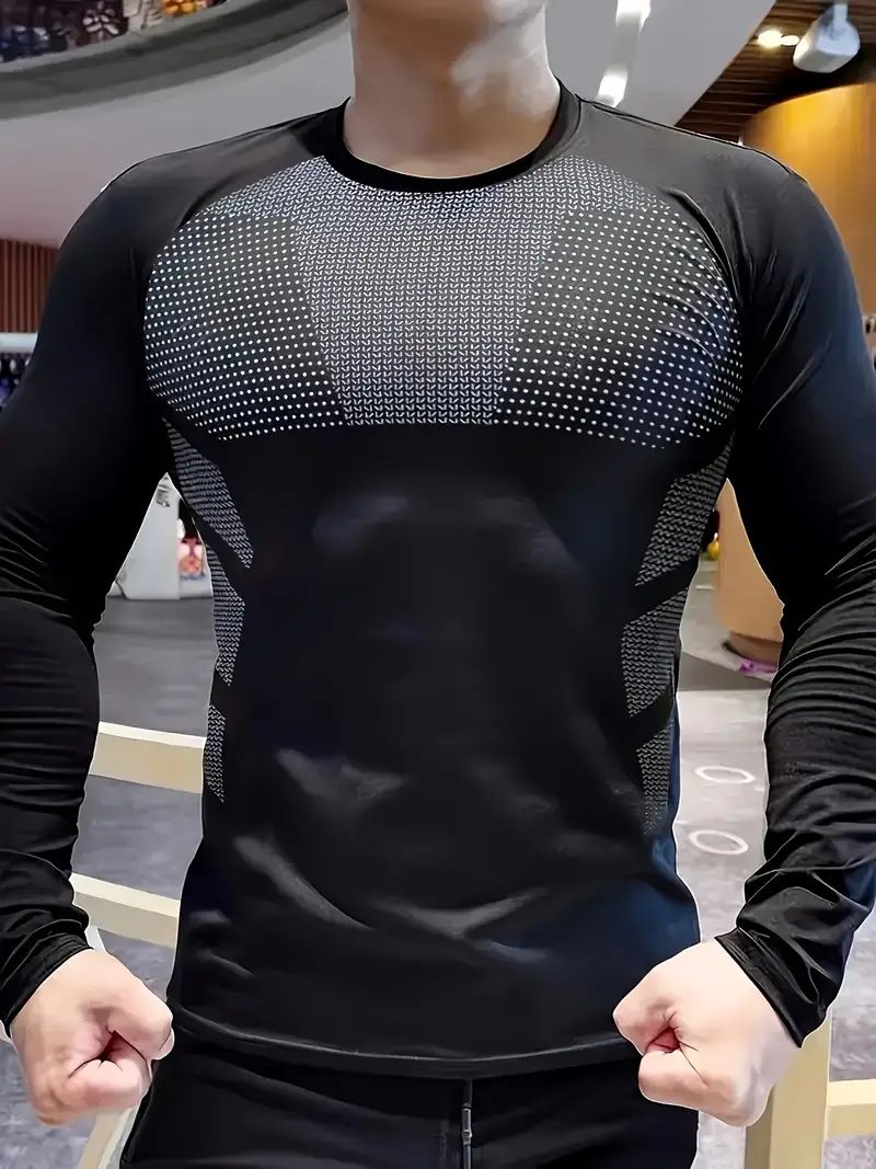 Men's Quick-Dry Long Sleeve Workout Shirt – Breathable Polyester-Spandex Blend For Running & Gym (Black/White, XS-XXL EU/US Sizing)_voghion.com