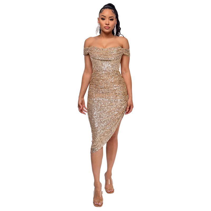 Verve Women's Summer Sequin Side Slit Gown French Off-Shoulder Bodycon Dress_voghion.com