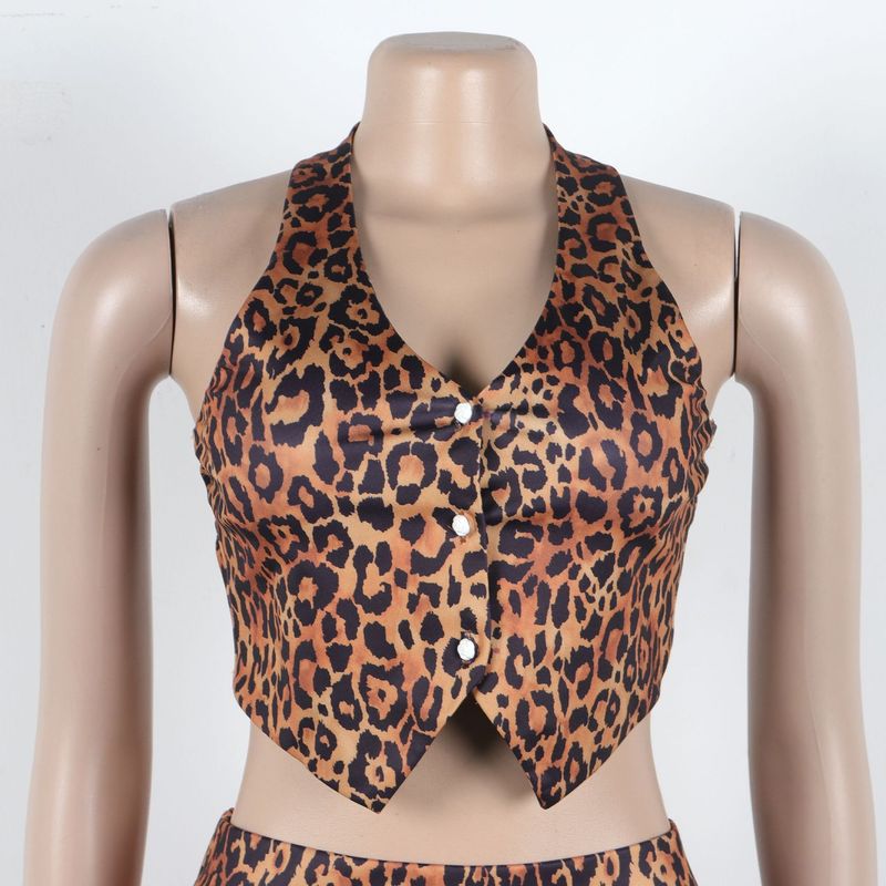 Vêtements pour femmes, haut sexy à boutons et col licou, pantalon à taille élastique, imprimé léopard, ensemble deux pièces_voghion.com
