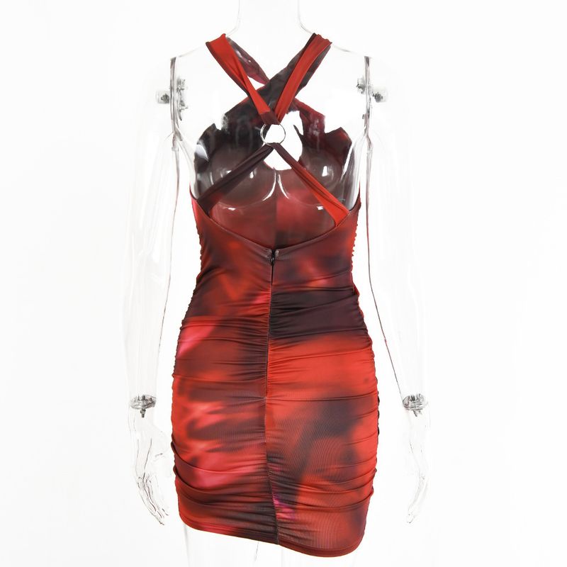 2021 Picture Red Short Skirt With Thin Waist Commuter Neck Hanging Milk Silk Printed And Dyed Women's Wear_voghion.com