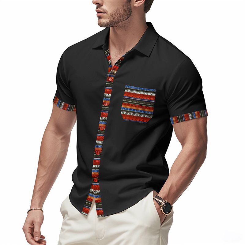 Men's Clothing TK New Summer Men's Loose Casual Light Luxury Bohemian Style Contrast Color Shirt Short Sleeved Cardigan_voghion.com