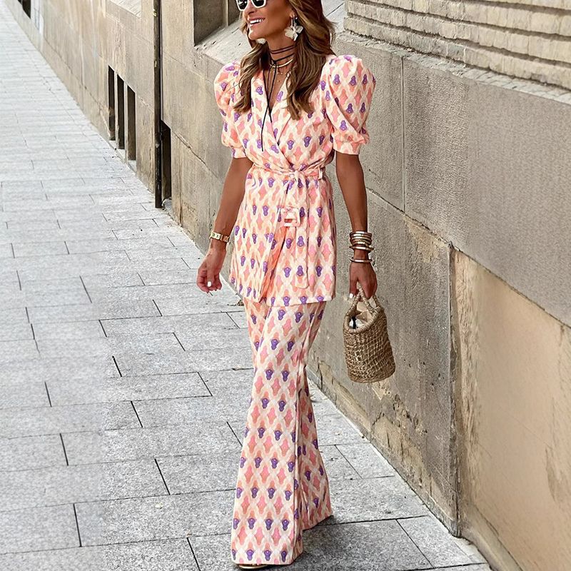 Pantaloni con maniche a lanterna in due pezzi stampati con lacci da donna_voghion.com