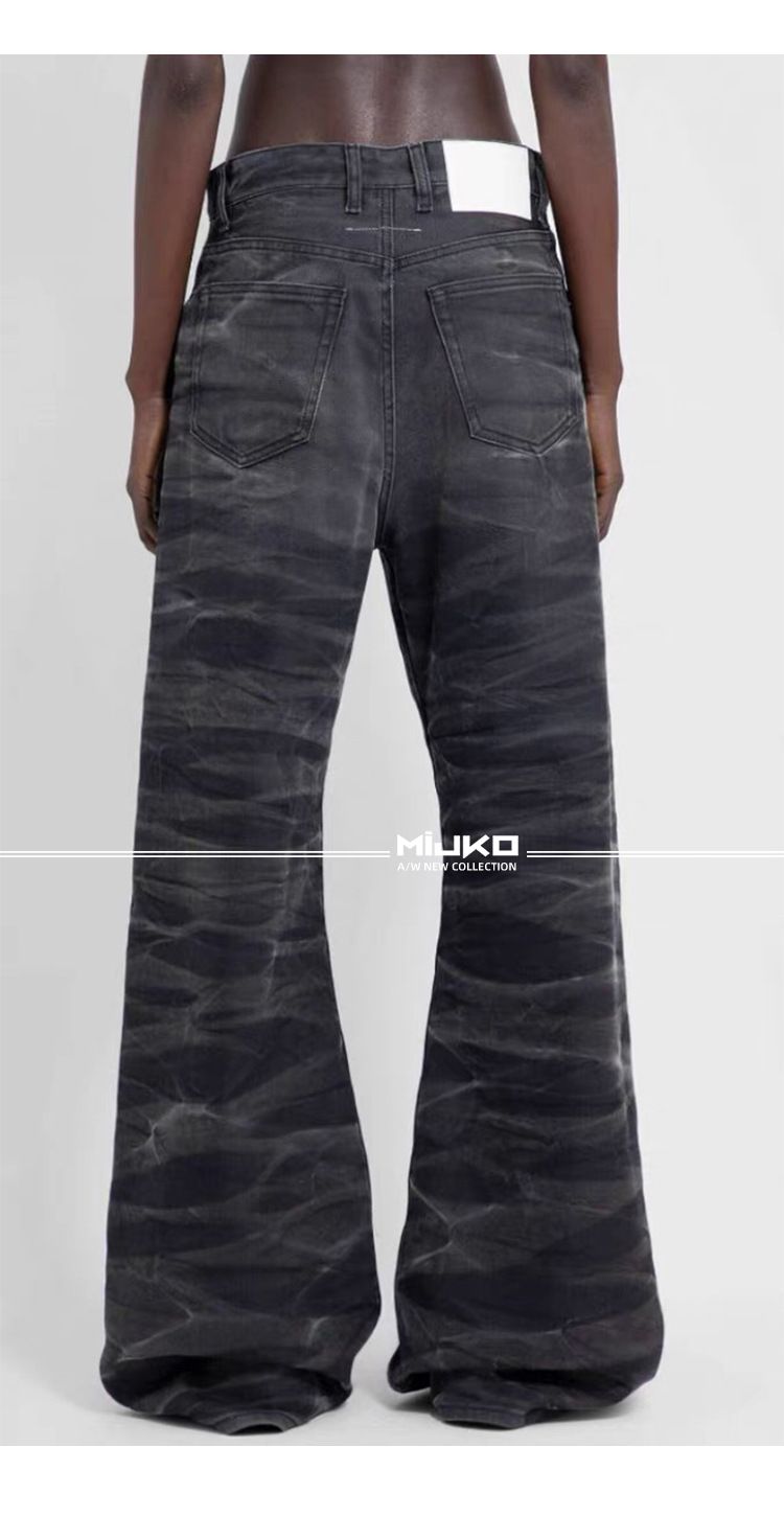 men's and women's washed distressed trousers, the same style for men and women, high street texture couple water rippled bootcut jeans_voghion.com