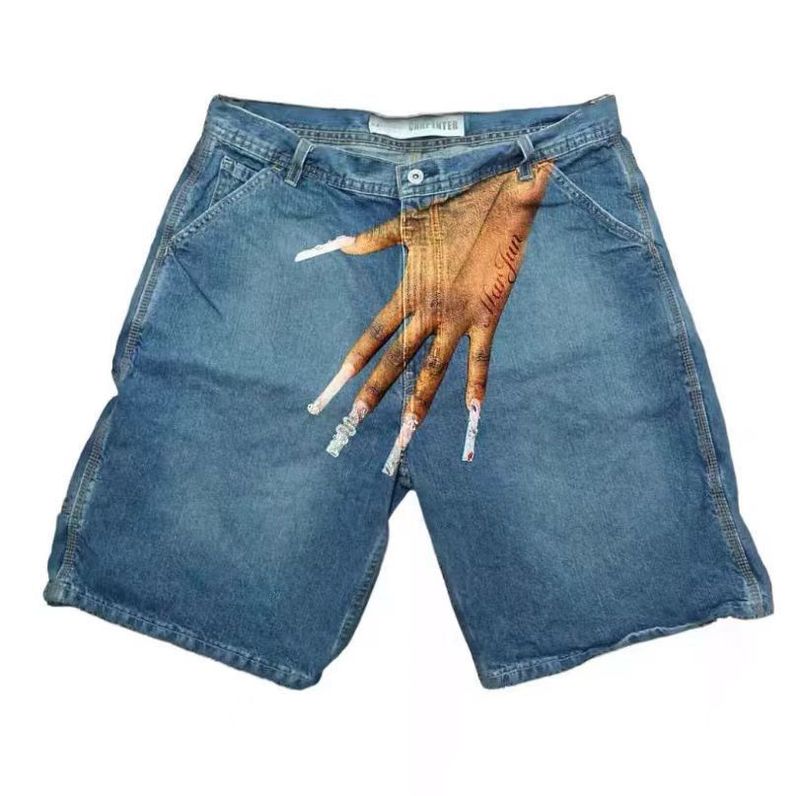 Spring/Summer New Gothic Harajuku Style Funny Pattern Printed Denim Shorts For Men High Street Trendy Brand_voghion.com