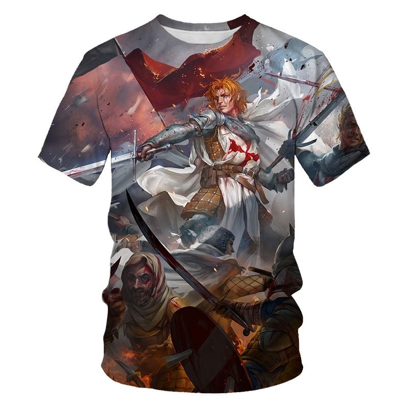 Medieval Knight Templar Print 3D T-Shirt Divine Cross Pattern Men's O-Neck Short Sleeve Casual T-Shirt Vintage Street Clothing_voghion.com
