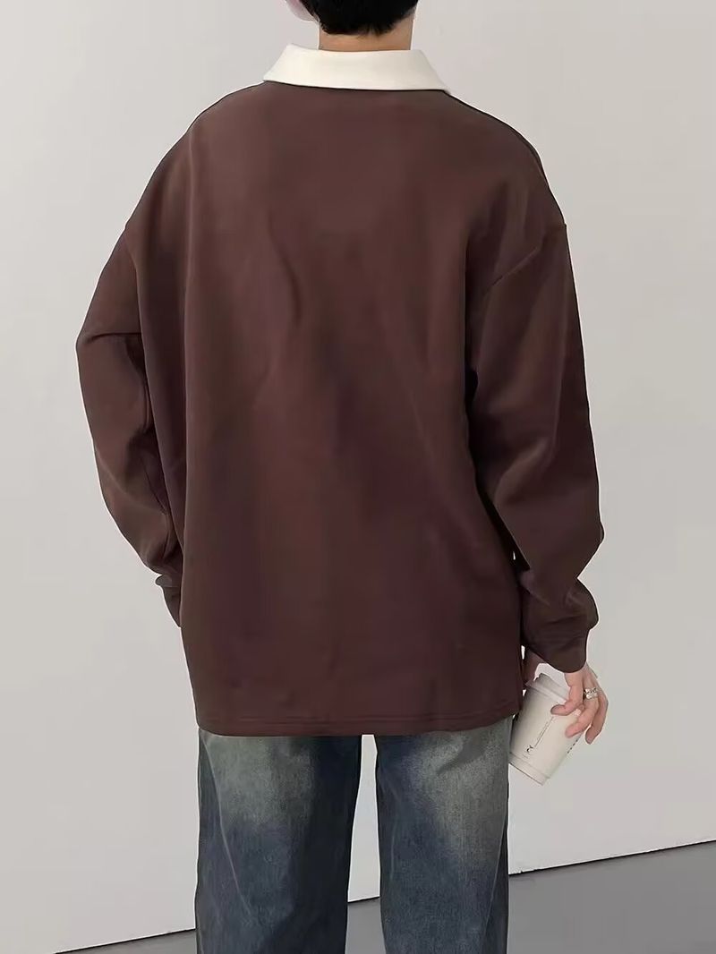 Men’s Retro Color-Block Polo Sweatshirt – Long Sleeve, Loose Fit, Embroidered Collar, Fall Casual (M-3XL, Brown Stripe)_voghion.com