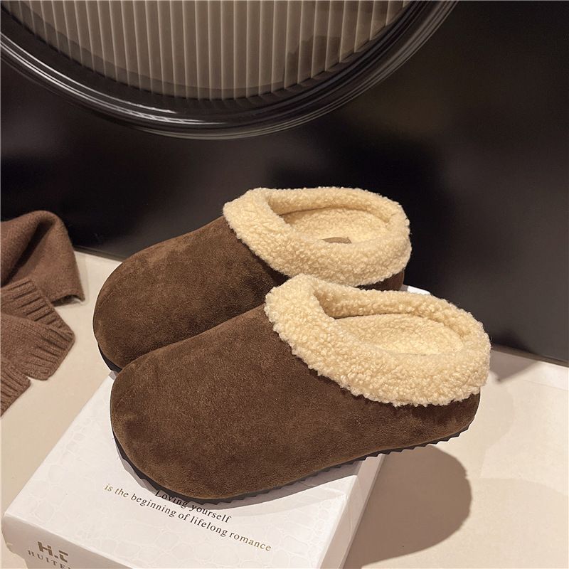 Damenschuhe Birkenstocks mit dicker Sohle für Damen, Winter-Plüsch-Slipper aus Baumwolle, Hausschuhe mit geschlossener Zehenpartie für den Außenbereich, höhenverstärkend_voghion.com
