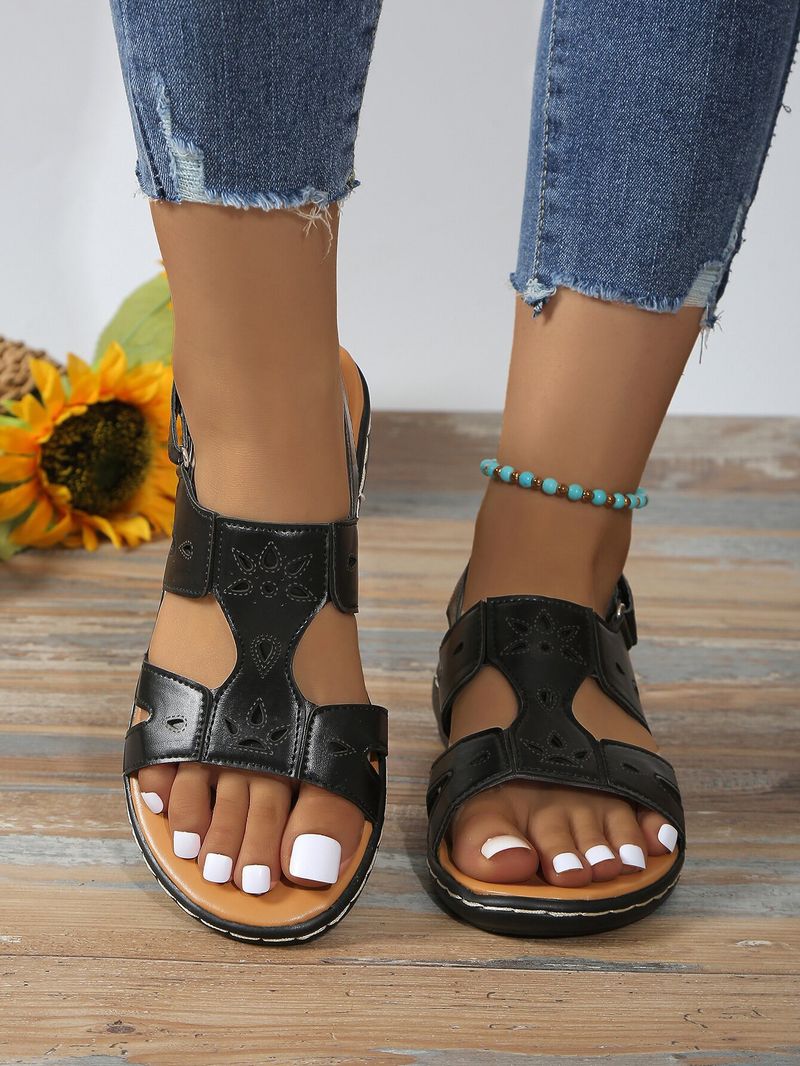 Sandali con bocca di pesce in velcro, larghi e piatti, casual, antiscivolo, per donna, 2024, nuovi, tinta unita_voghion.com