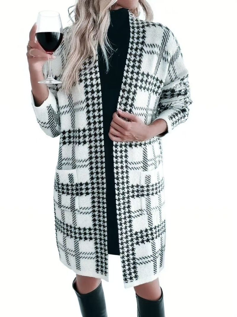 Chic Longline Houndstooth Cardigan – Oversized Open-Front Knit Wrap (Work To Weekend)_voghion.com