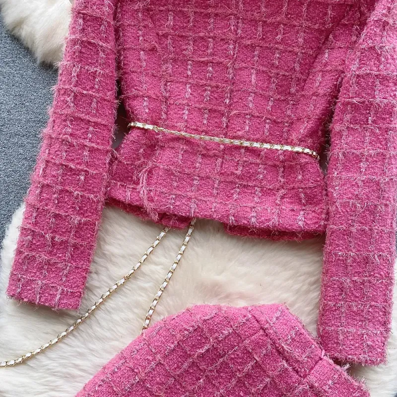 Two Piece Dress Modphy Autumn Fashion Rose Red Woolen Set Women Golden Button Chain Belt Tweed Short Jacket Coat Split_voghion.com