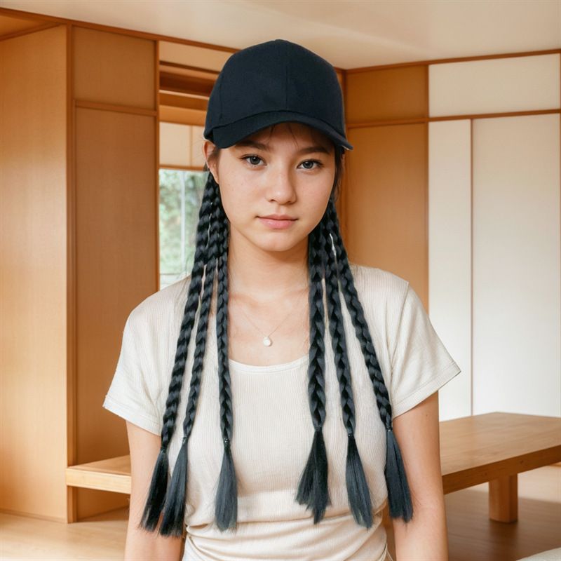 Parrucca da donna con coda di cavallo in capelli sintetici resistenti alle alte temperature e berretto da baseball - Nero, marrone scuro, marrone chiaro, marrone scuro e mèches colorate_voghion.com
