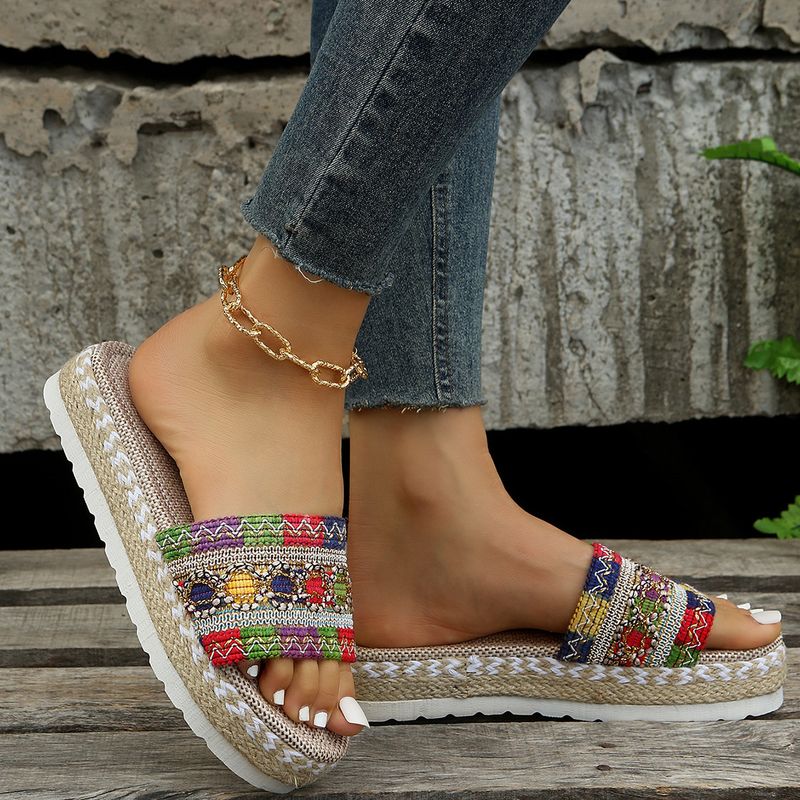 New Wide Width Women's Platform Peep-Toe Sandals - Boho Ethnic Jute Rope Candy Color Flip Flops (Comfortable Thick Sole Summer Beach Slippers)_voghion.com