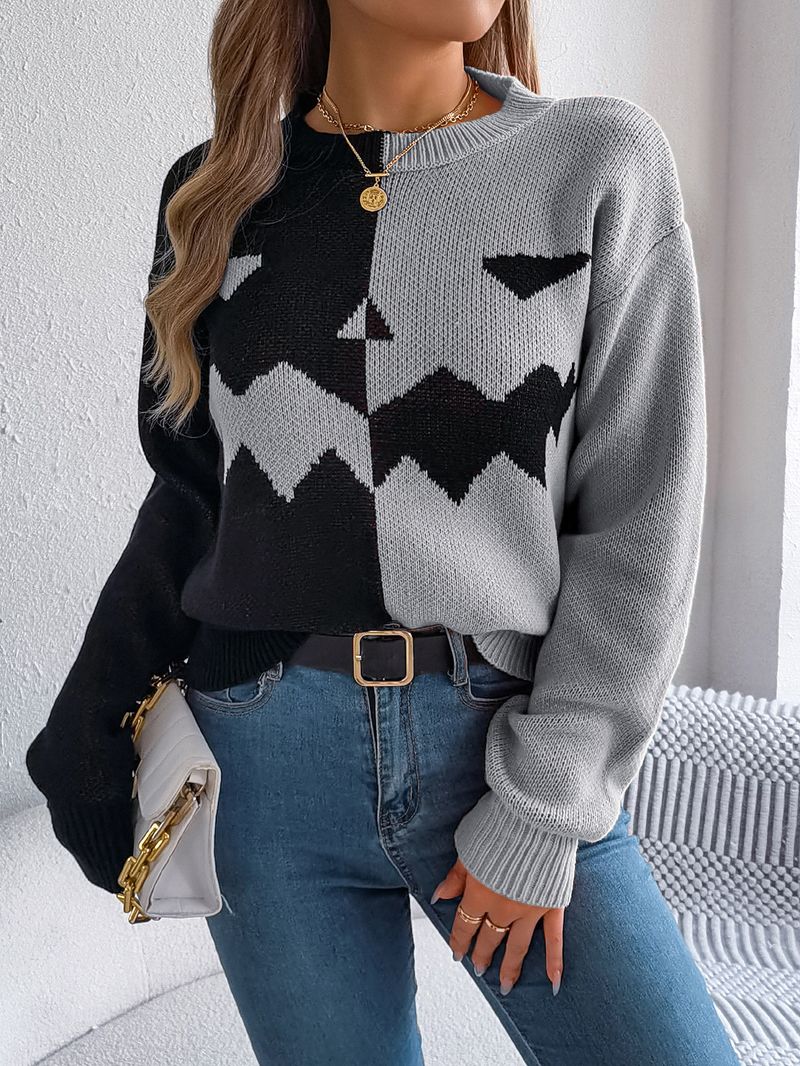 Autumn Winter Halloween Ghost Pumpkin Color-Block Long Sleeve Pullover Sweater Women's Fashion_voghion.com