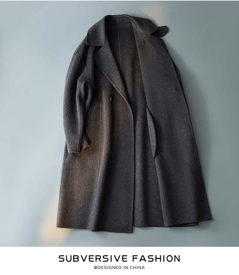 Double-Sided Coat For Men, Mid-Length, Korean Style, Loose Fit, Turn-Down Collar, Casual Full Wool Gray Trench Coat,_voghion.com