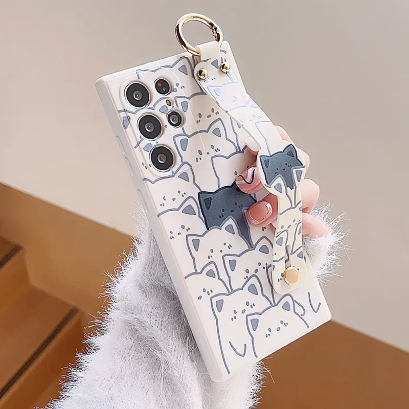 For Iphone 16 Pro Max Plus Wrist Strap Phone Holder Cute Funny Cartoon Black White Cat Pattern Soft TPU Case Shockproof_voghion.com