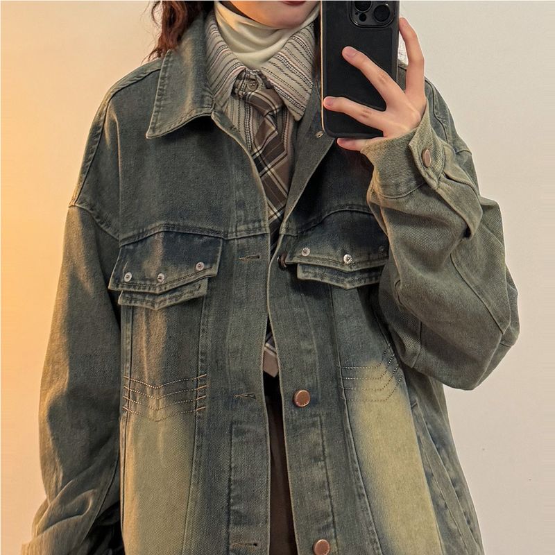 Amerikansk tvättad denim för män och kvinnor, vintagepolerad vit trendig märkesjacka för par_voghion.com