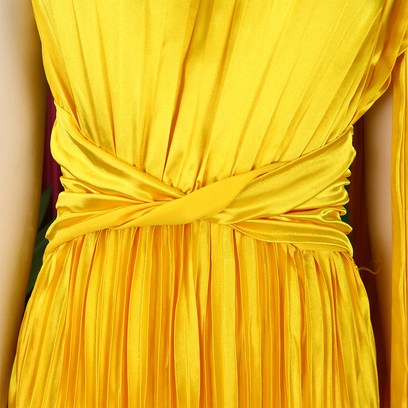 women's clothing new one-shoulder pleated long skirt oblique collar waist dress _voghion.com