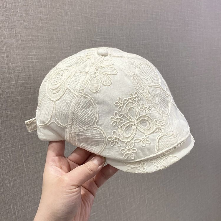 Thin Embroidered Flower Forward Cap For Women, Spring And Summer New Versatile Face-Slimming Duckbill Beret, Breathable_voghion.com