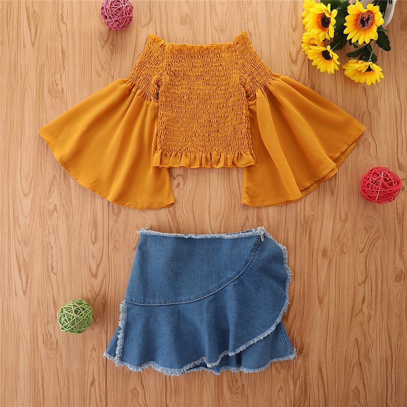 Grenzüberschreitende Kinderkleidung für Kinder im Frühlings- und Sommerstil, modischer Chiffon-One-Shoulder-Trompetenärmel-Top-Jeansrock-Mädchenanzug_voghion.com