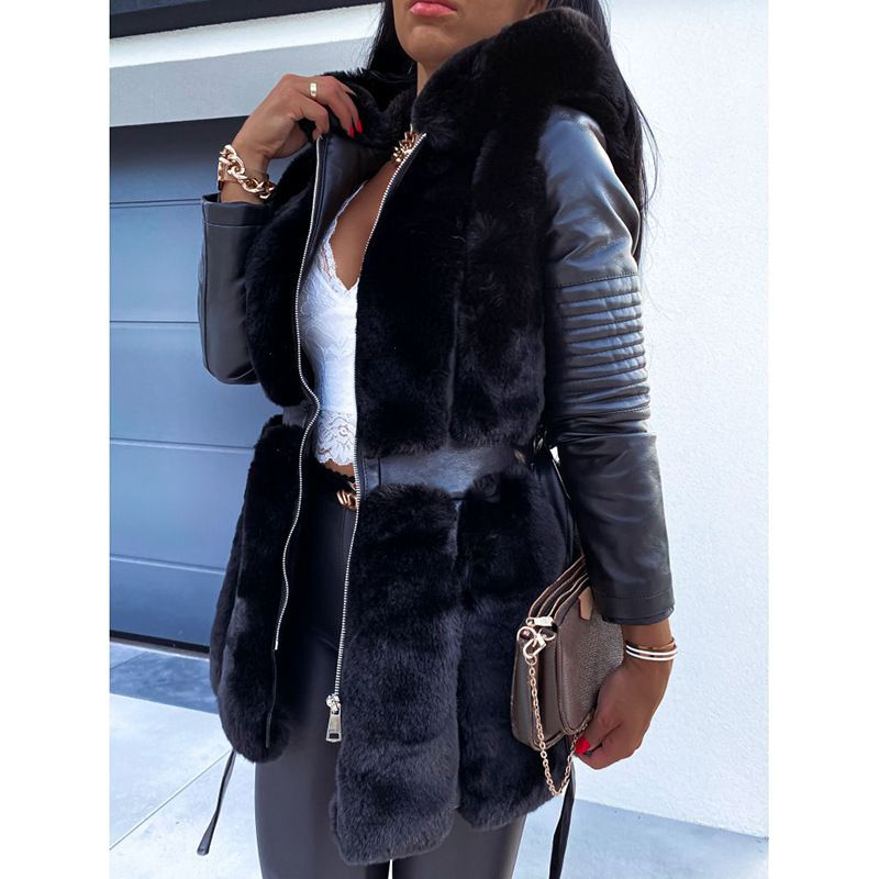 Women's fashion fur Coat with belt and hooded solid color zipper jacket_voghion.com