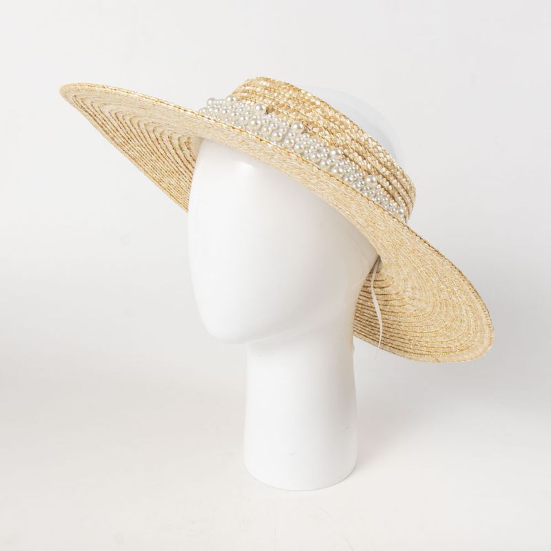 Mode Vrouwen Zon Brede Rand Geen Top Reis Strand Hoed Parels Band Vizier Zomer Hoeden_voghion.com