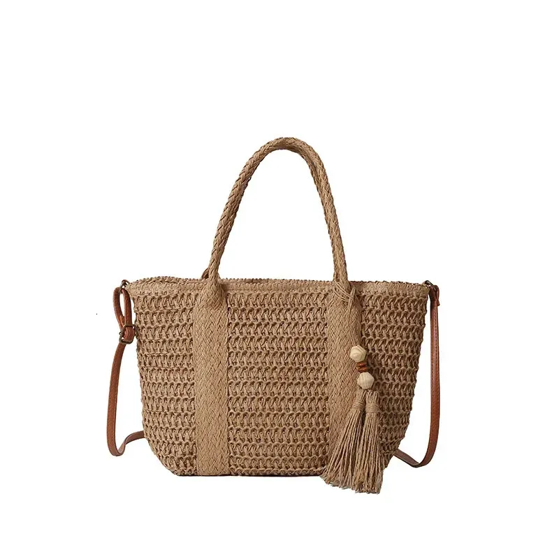 Stroh-Strandtasche mit Reißverschluss, Schultergurt, verstellbarer Tragegriff, Umhängetasche für Damen, Reisen, Urlaub 250614l_voghion.com