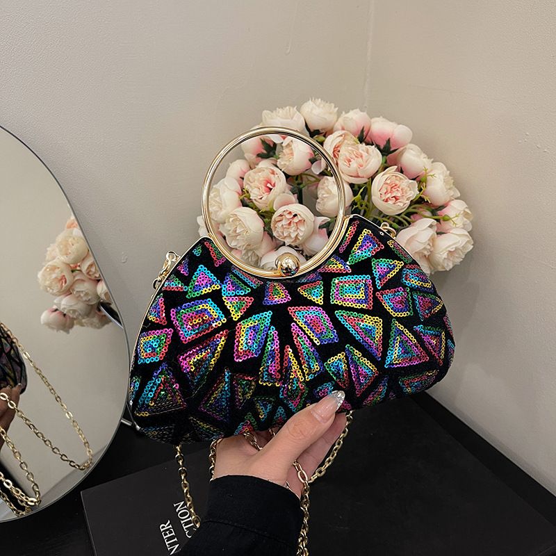 Borsa a mano rotonda patchwork da sera con paillettes e chiusura a conchiglia 2025 Nuova borsa a tracolla piccola con catena alla moda Tianmi_voghion.com