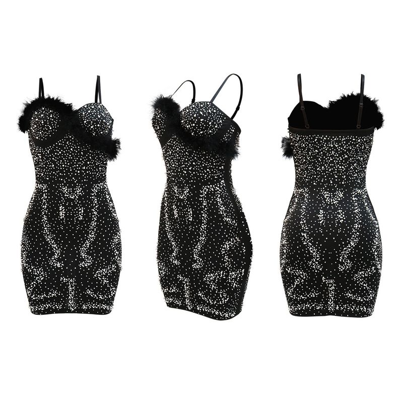 Women's Clothing Sexy Suspender Hot Diamond Dress With Spliced wool Clauses_voghion.com