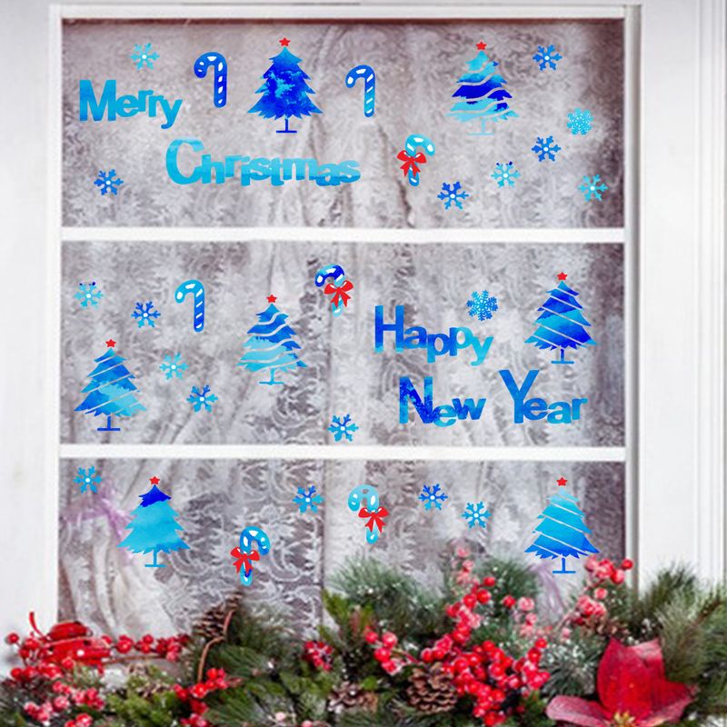 Pegatina de copo de nieve con árbol de Navidad azul (AFC8435) para decoración de ventanas y paredes._voghion.com