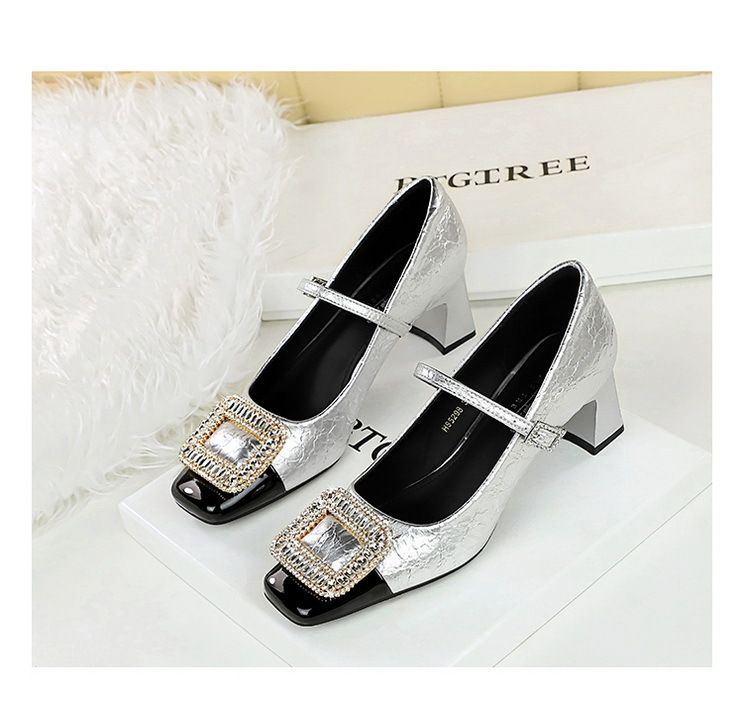 5298-K32 Scarpe da banchetto da donna con tacco medio grosso, punta quadrata, cinturino con fibbia in metallo con diamanti e bocca leggera, con blocchi di colore_voghion.com
