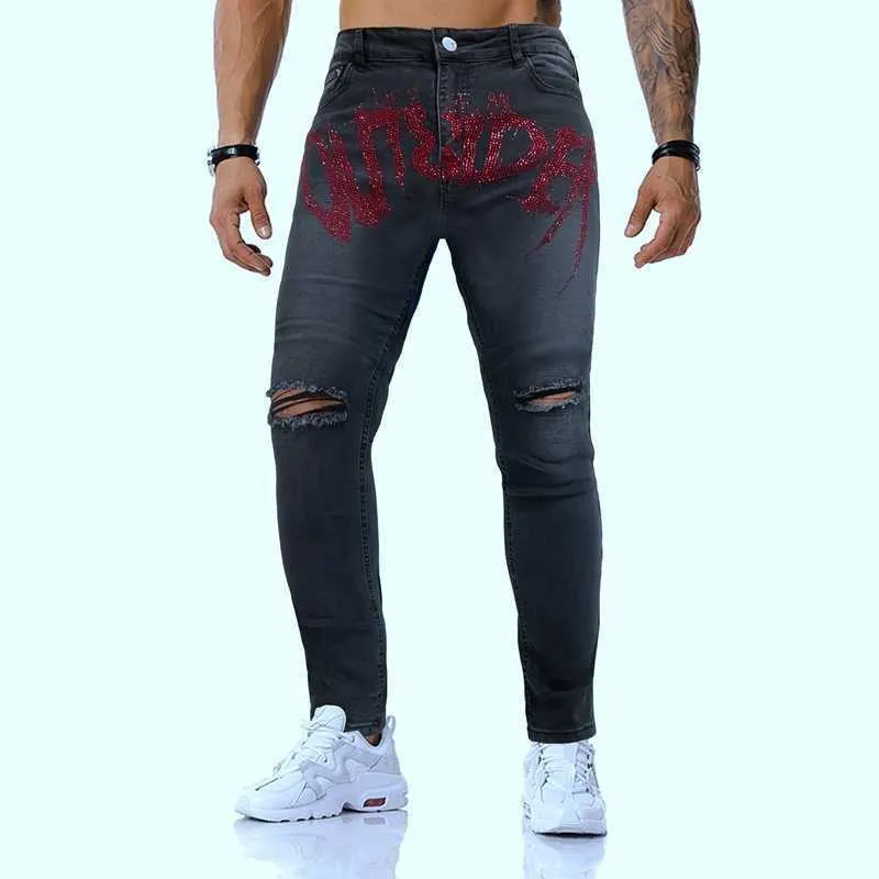 Vīriešu melnas, jaunas, caurumotas, zīmuļbikses, elastīgas, saplēstas, tievas, baikeru stila, karstas urbšanas, augstas kvalitātes, ielu panka stila, mazgātas_voghion.com