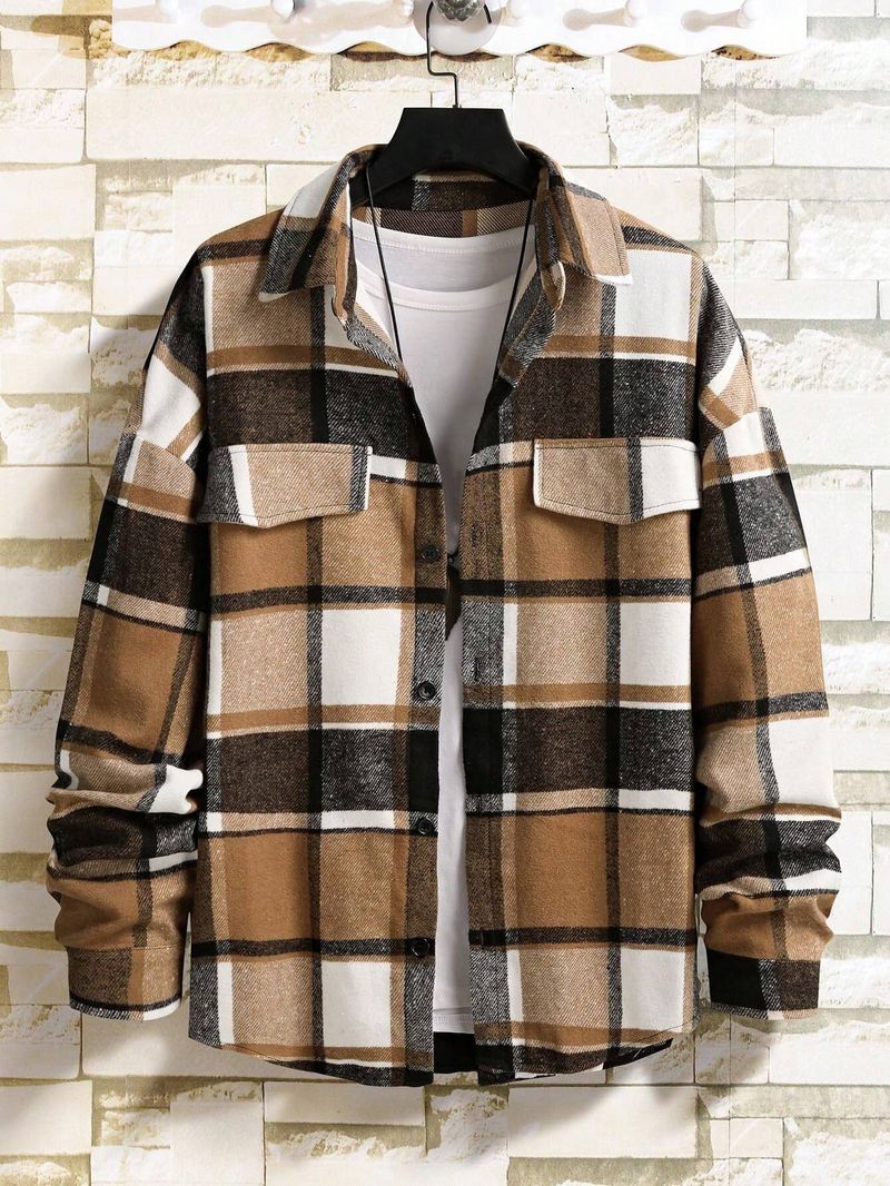Elegantes Revers Plaid Herrenhemd Retro Sanded Casual Langarmjacke_voghion.com