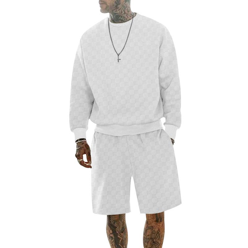 Herrenbekleidung Rundhals-Shirt Langarm-Shorts-Anzug lockerer lässiger Schachbrett-Sport-Zweiteiler_voghion.com