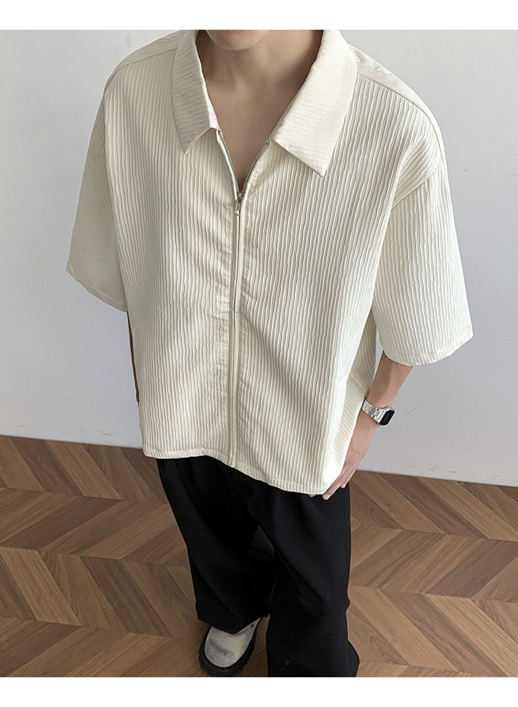Herenkleding Overhemd met korte mouwen Knappe zomer High-end trendy los overhemd met korte mouwen en rits_voghion.com