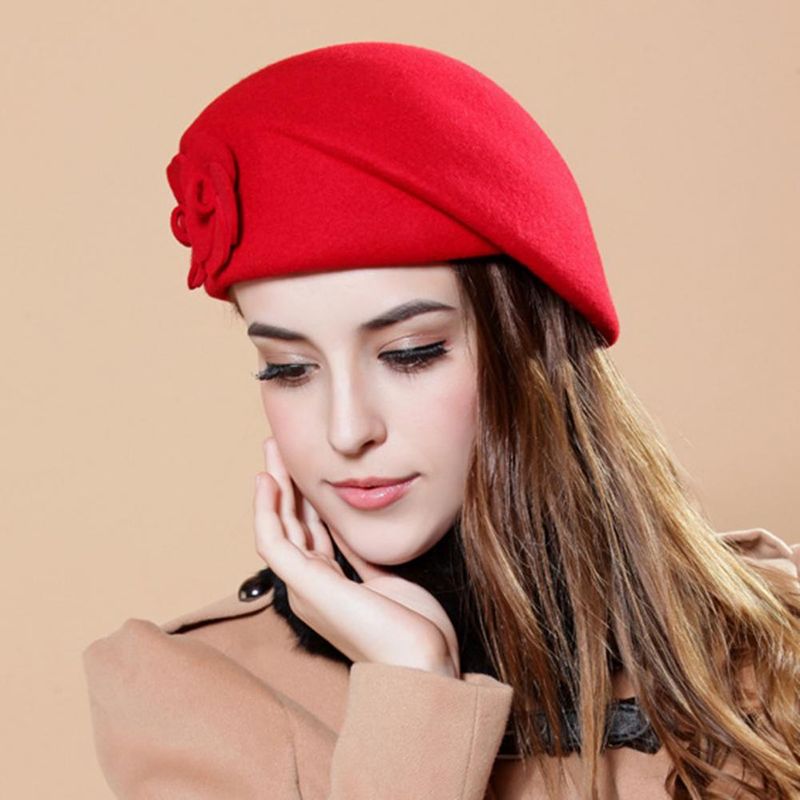 Hot Sale Beret Dobbelt Elegant Blomsterdekoration Damehat Klassisk Ensfarvet Beret Efterår Vinter Fransk Kunstnerkasket Til Udendørs_voghion.com