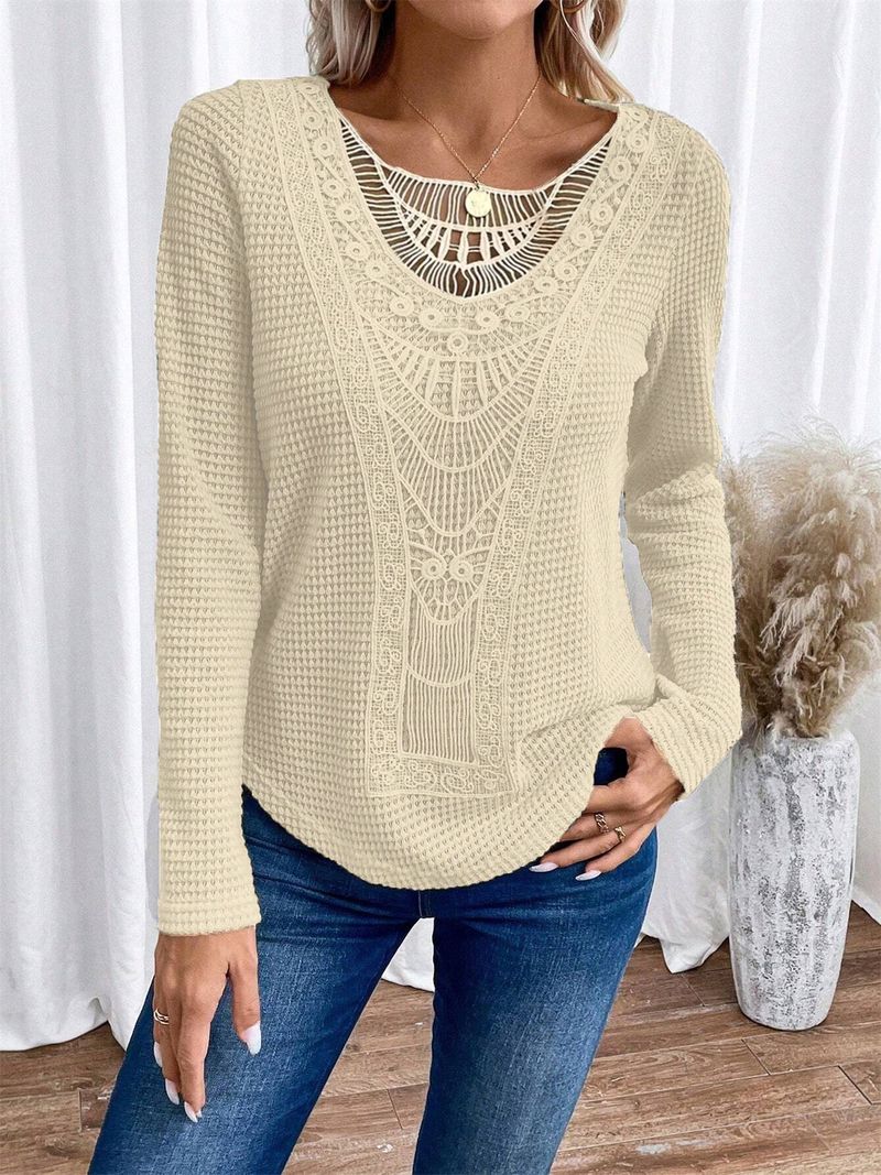 "Elegante Langarm-Spitzenbluse für Damen – Atmungsaktives Polyester-Mischgewebe, Rundhalsausschnitt, Lässig & Bequem, S-XXL"_voghion.com