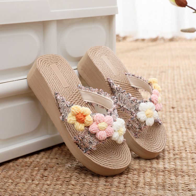 Γυναικείες παντόφλες, σανδάλια, με χοντρή σόλα και Xishuangbanna, από λινό ύφασμα με σταυρωτό λουράκι και υφαντό γρασίδι._voghion.com