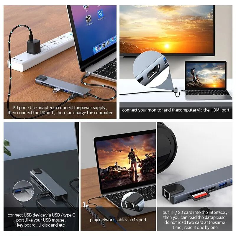 Hub USB 8 in 1 3.0 Tipo C Splitter Docking Station 4K Adattatore per laptop PD SD TF per MacBook Air M1 iPad Pro RJ45_voghion.com