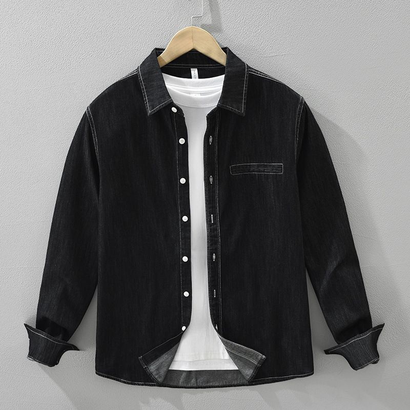 Camicia a maniche lunghe in denim retrò da uomo, alla moda e versatile, top ampio e casual._voghion.com