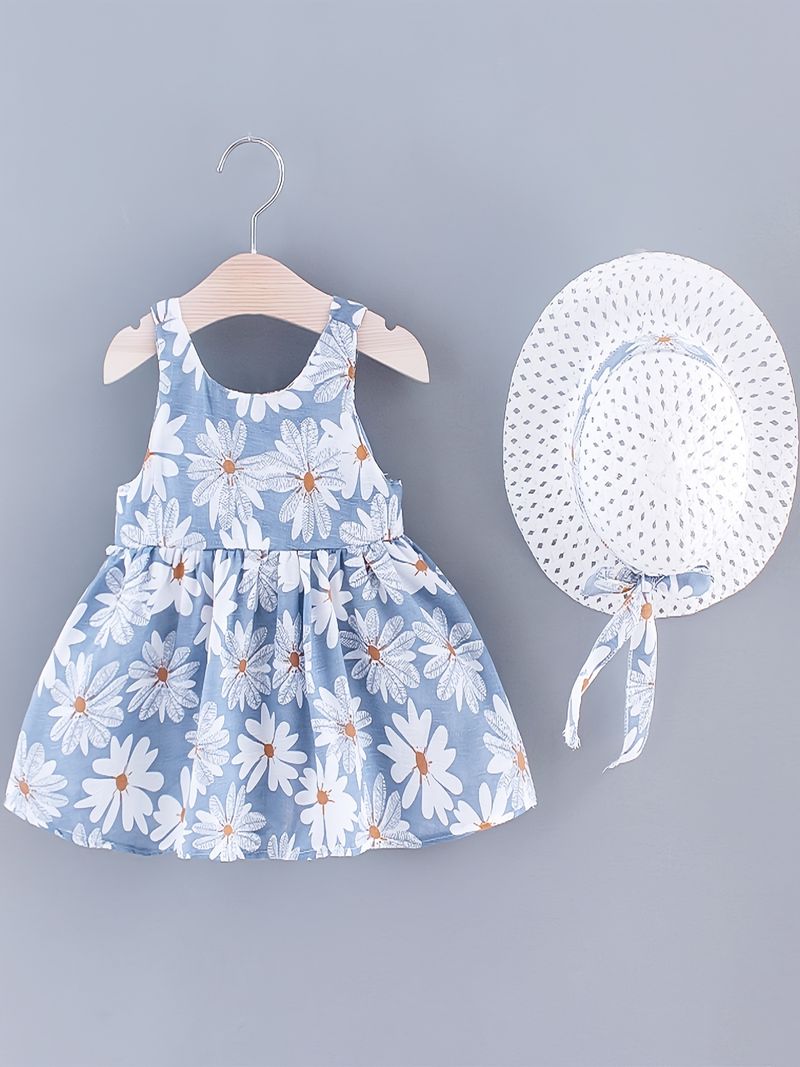 2 buc rochie de plajă cu imprimeu de daisy fără mâneci pentru fete, cu fundă mare, decorată cu fundă mare, și set de haine de vară pentru copii_voghion.com