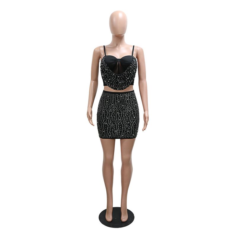 Trendy Rhinestone Crop Top With Bodycon Pencil Skirt Set - Sexy Two-Piece Outfit For Women_voghion.com